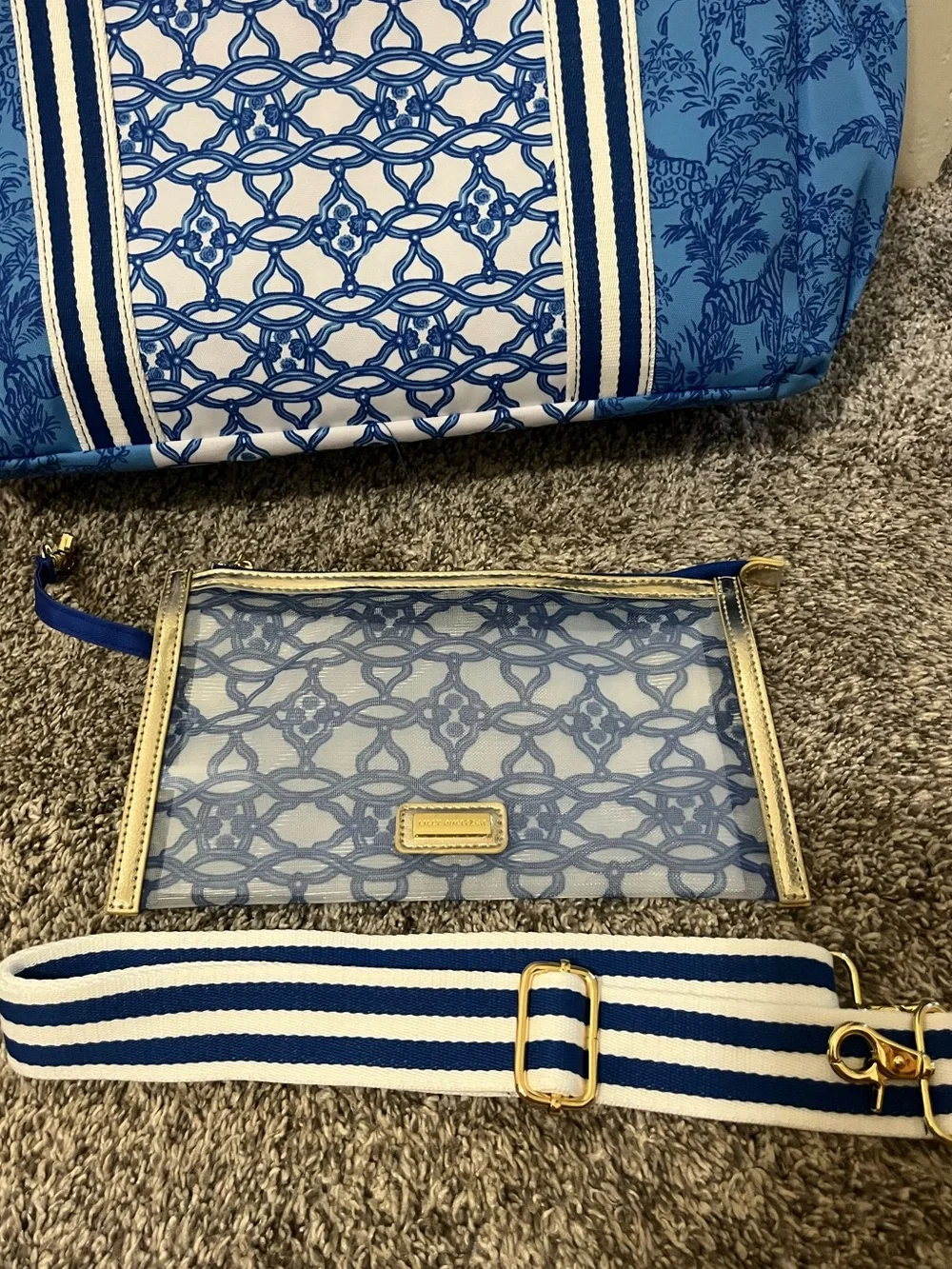 Lilly Pulitzer Blue and White Patterned Tote with Detachable Pouch & Strap